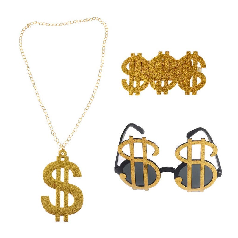 KODORIA 3pcs Golden Dollar Sign Money Pendant Necklace Glasses Ring Menâ€™s Funny Pimp Gangster Rapper Fancy Costume Prop - Image 1